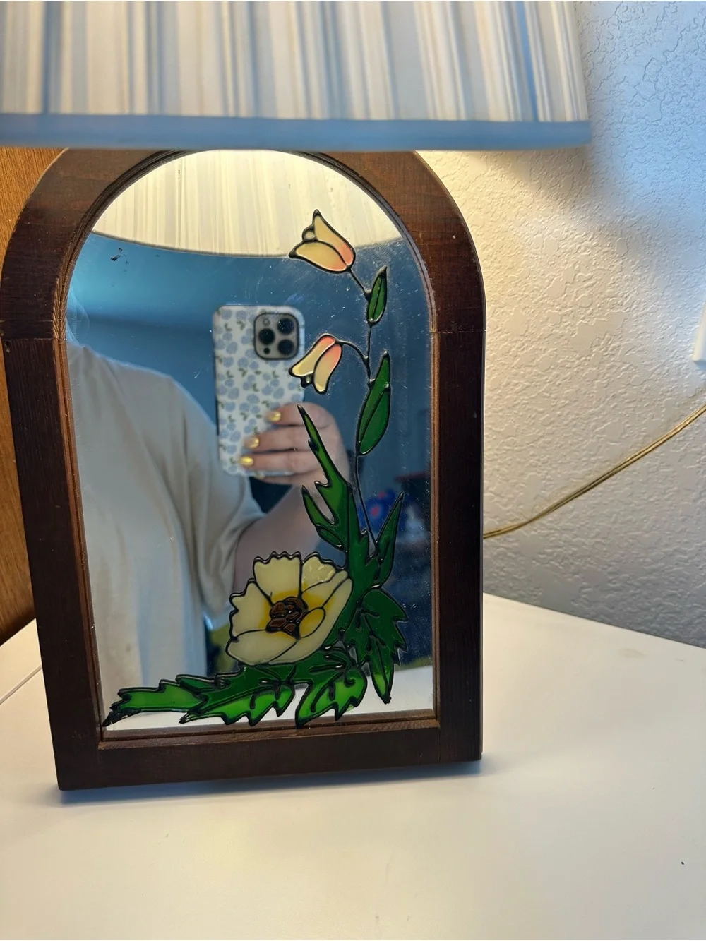 Vintage Hand-Painted Floral Stained Glass Wall Mirror - Green and Cream 13X9